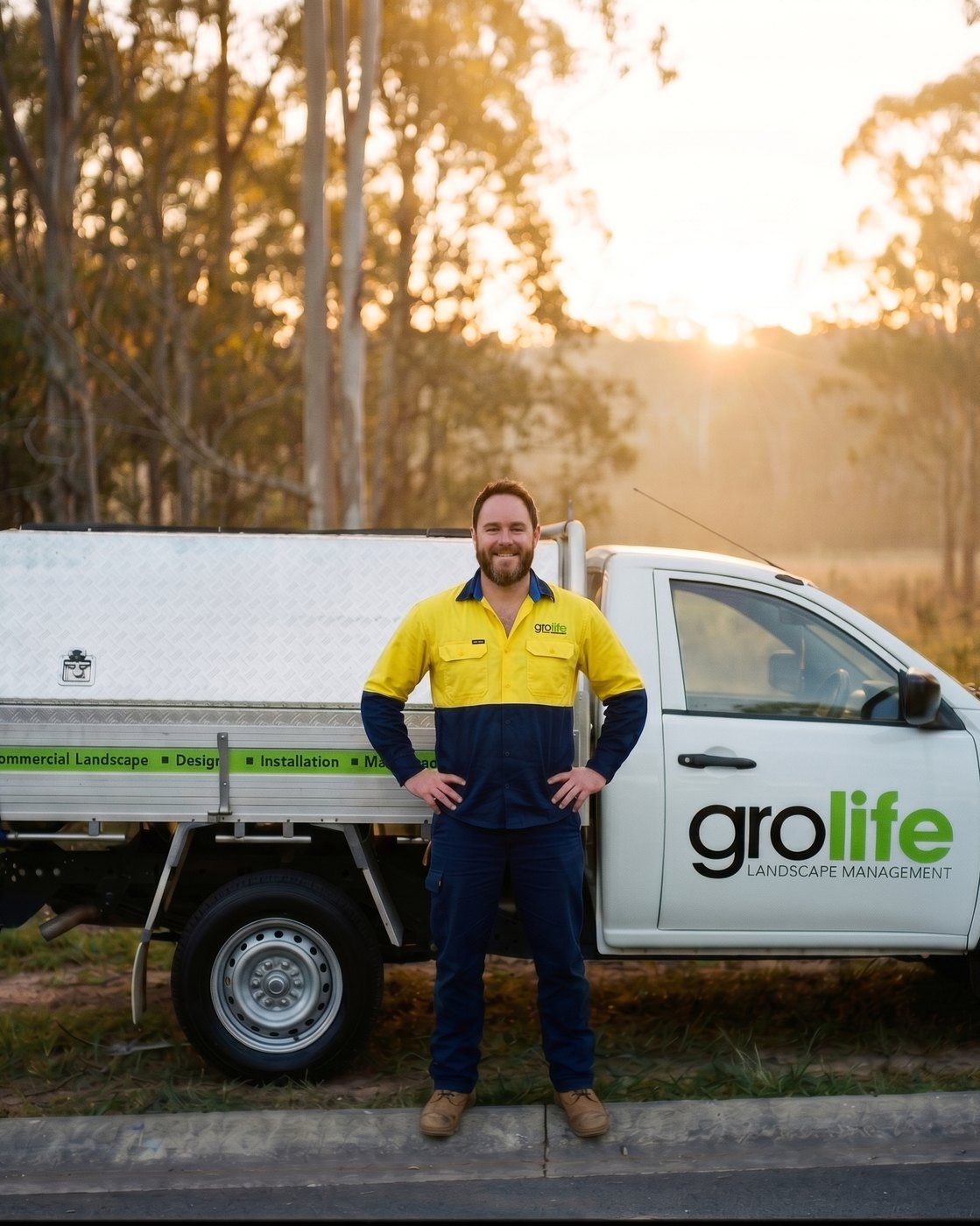 Cameron Stacey, Grolife founder, in front of a branded Grolife truck at sunset