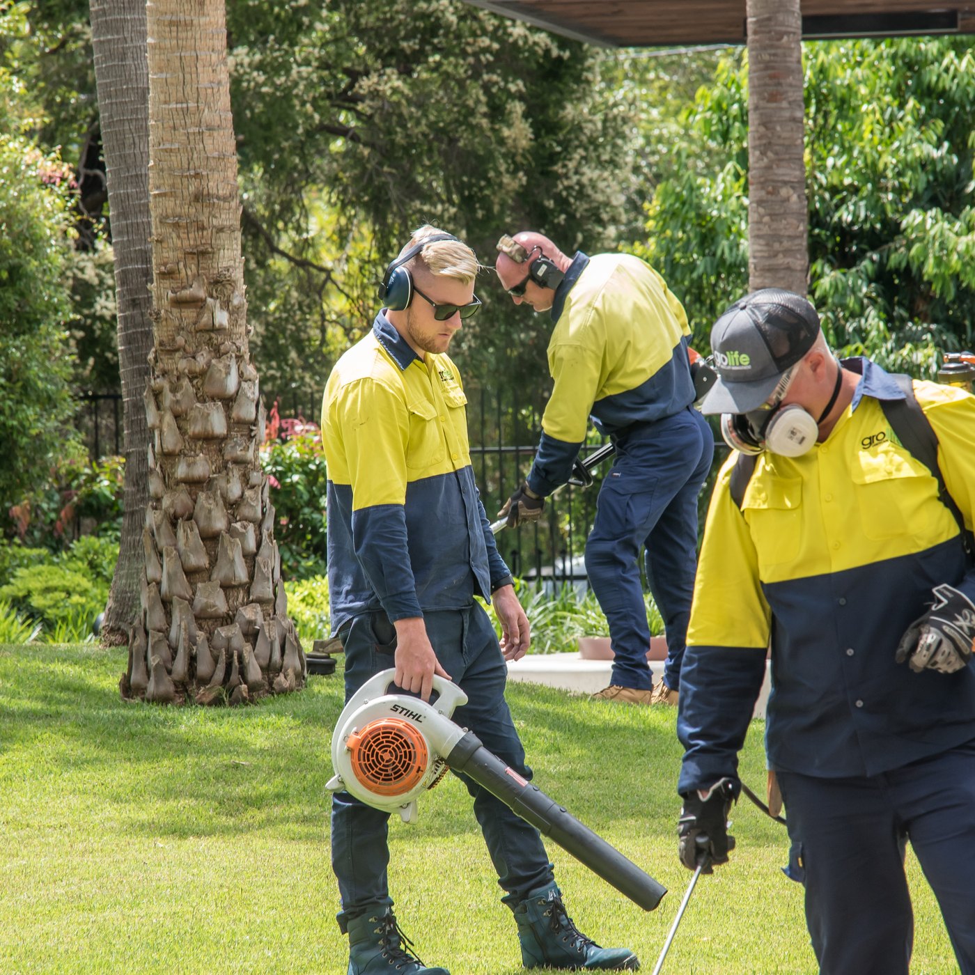Three Grolife crew with battery-electric blowers and trimmers on a manicured site