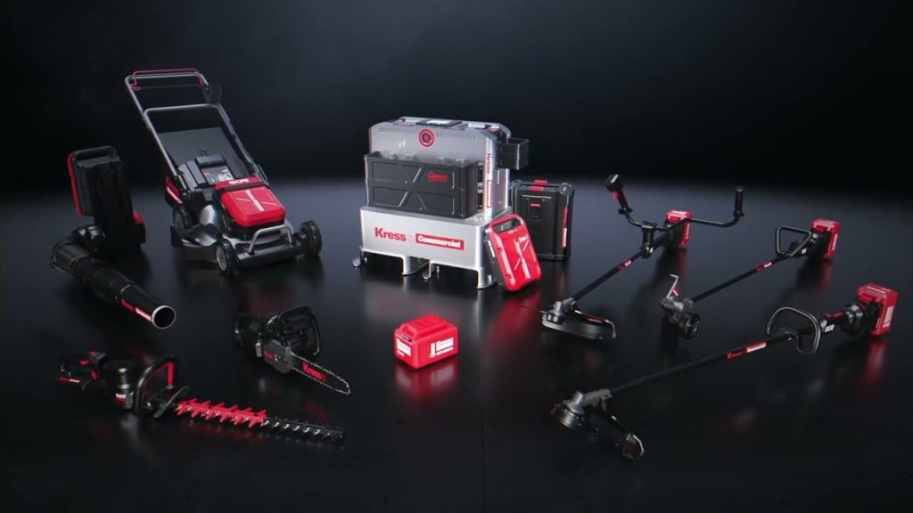 The full Kress Commercial range — battery-electric mowers, blowers, trimmers, chainsaws and hedge cutters on a unified battery platform