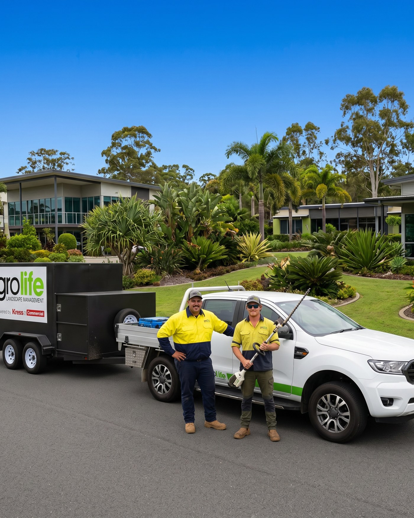 A Grolife crew with their branded ute and trailer — Powered by Kress Commercial — on a Queensland commercial property