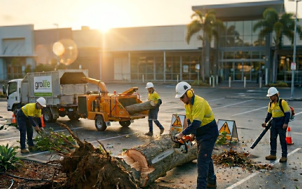Arborist responding to storm-damaged palm